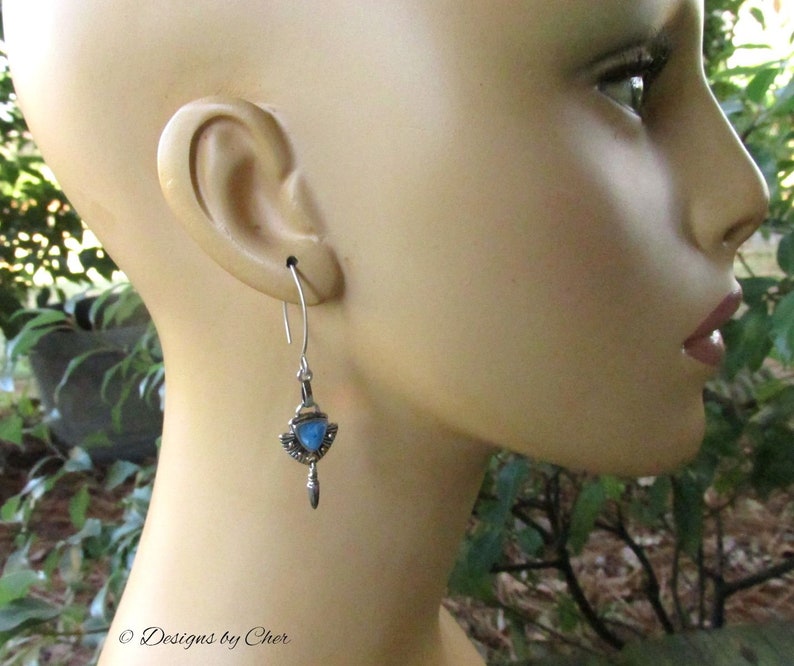 Blue Enamel Mixed Metal Earrings Hand Forged Sterling Silver Hammered Almond Earwires, Antique Silver/Gold & Petite Drops image 3