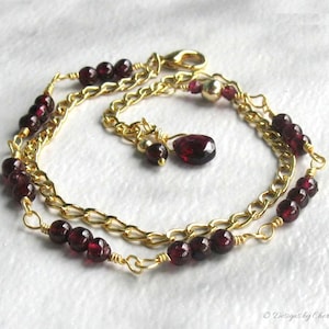 Adjustable Garnet Gold Chain Bracelet, Double Strand Wire Wrapped Genuine Gemstone, January Birthstone, Christmas Gift for Her