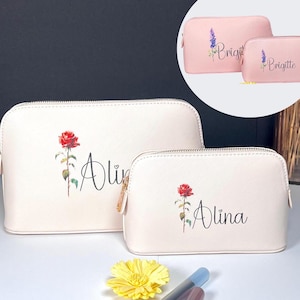 Personalisierte Kosmetiktasche mit Geburtsblume & Name | Schminktasche | Makeup Bag | Geschenk für Frauen | Geburtstag | Weihnachten