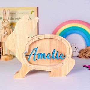 Individuelle Holzspardose mit Hasenmotiv – Einzigartiges Geschenk für Kinder | Geburtstagsgeschenk | Geschenk zur Taufe | Babygeschenk