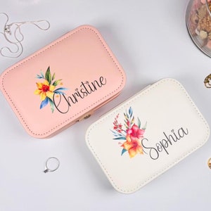 Personalisierbare Lederschmuckschatulle, Schmuck Reiseetui mit Geburtsblumen, Geschenk für Brautparty, Brautjungfer, Geburtstag für Frauen