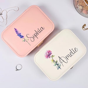 Personalisierbare Schmuckkästchen mit Geburtsblumen – Perfektes Geschenk für JGA, Brautparty, Brautjungfer oder Geburtstag für Frauen