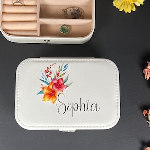 Personalisierbare Lederschmuckschatulle, Schmuck Reiseetui mit Geburtsblumen, Geschenk für Brautparty, Brautjungfer, Geburtstag für Frauen