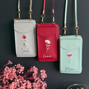Personalisierte Handytasche mit Namen & Blume – Crossbody Umhängetasche für Damen, Geschenkidee für Freundin, Schwester oder Mutter
