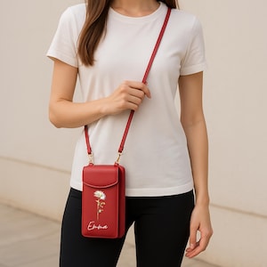 Personalisierte Umhängetasche mit Namen und Geburtsblume, Crossbody Handytasche Geschenk für Mädchen, beste Freundin, Teenager
