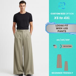 Op de afbeelding: Een persoon draagt een zwart t-shirt en een olijfgroene broek met wijde pijpen. De afbeelding bevat de tekst "CUSTOM SIZE OPTION XS to 4XL", "LOOSE FIT WIDE LEG PANTS" en "PDF PATTERN".