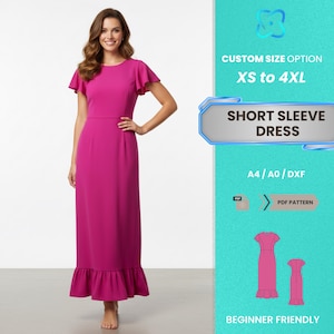 May include: A magenta short-sleeve dress with a ruffled hem. The dress features a fitted bodice and a flowing skirt. The image includes text that reads "CUSTOM SIZE OPTION XS to 4XL" and "SHORT SLEEVE DRESS". The dress is designed to be beginner friendly.