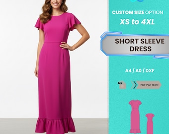 Patrón PDF de vestido de manga corta para mujer / Elegante vestido largo fucsia con mangas abullonadas y dobladillo con volantes, tallas XS-4XL / Patrón PDF para principiantes