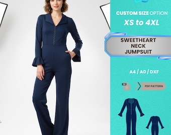 Patrón PDF de mono con escote corazón / Mono de manga larga con pierna acampanada para mujer, tallas XS-4XL / Patrón PDF fácil y apto para principiantes