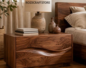 Wood Nightstand, Sculptural Wave Drawer Bedside Table, Solid Walnut Side Table, Modern Rustic Japandi Bedroom Furniture