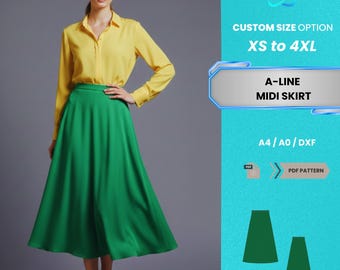 Patrón de costura en PDF para falda midi de corte A para mujer / Elegante falda acampanada de cintura alta para verano (tallas XS-4XL) / Patrón en PDF fácil y práctico para principiantes