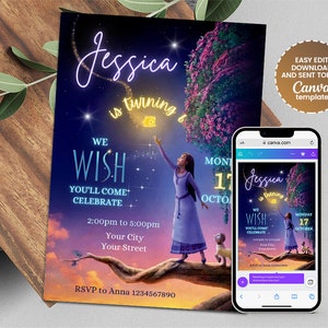 Bearbeitbare Wunsch-Geburtstagsparty-Einladung | Wunschfilmparty | Prinzessin Asha Party | Canva-Vorlage | Sofortiger Download