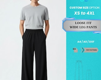 Patrón PDF de pantalones anchos y holgados para hombre / Pantalones casuales negros con cintura elástica para hombre, tallas XS-4XL / Patrón PDF fácil de usar para principiantes