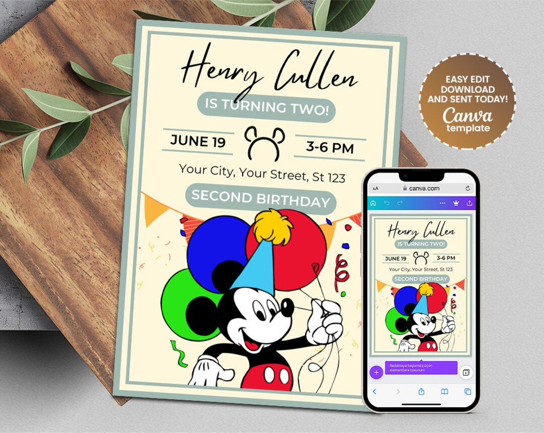 Mickey Mouse Birthday Invitation: Editable Canva Template (digital ...