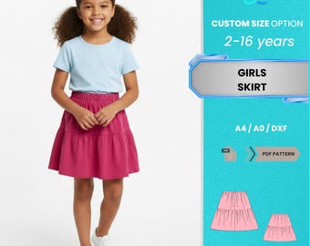 Patrón de costura en PDF para falda escalonada para niña / Falda con volantes en cintura elástica color rosa magenta (2-16 años) / Patrón PDF fácil para principiantes