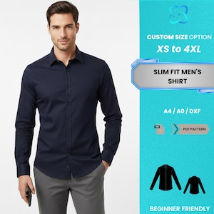 May include: A navy blue, slim-fit shirt with long sleeves. The image includes text that reads "CUSTOM SIZE OPTION XS to 4XL" and "SLIM FIT MEN'S SHIRT". Additional text indicates "PDF PATTERN" and "BEGINNER FRIENDLY".