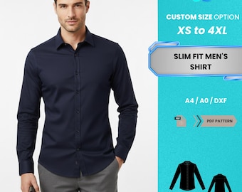 Patrón de costura en PDF para camisa de hombre de corte entallado / Camisa clásica azul marino de manga larga con botones, tallas XS-4XL / Patrón PDF fácil y práctico para principiantes