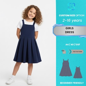 May include: A young girl wearing a navy blue pleated dress with a white t-shirt underneath. The image includes text that says "GIRLS DRESS" and "2-16 years". The dress is a PDF pattern and is beginner friendly.