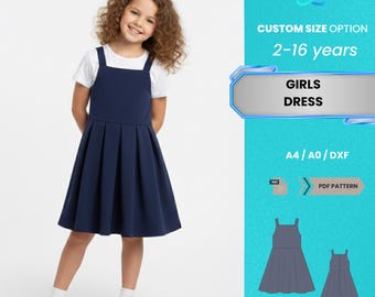 Patrón de costura en PDF para vestido de jersey para niña / Vestido pichi azul marino sin mangas para niñas de 2 a 16 años / Patrón PDF fácil para principiantes