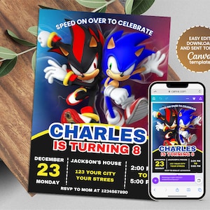 Convite sónico do aniversário da velocidade final | Tema Sonic O Ouriço | Convite de festas para crianças digitais | Editável no Canva | Download instantâneo
