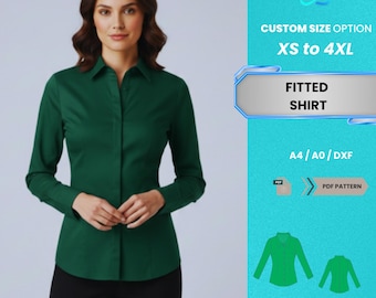 Patrón de costura en PDF para camisa entallada de mujer / Blusa elegante de manga larga con botones para oficina, tallas XS-4XL / Patrón en PDF fácil y práctico para principiantes