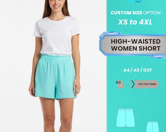 Patrón de costura en PDF para pantalones cortos de cintura alta para mujer / Pantalones cortos casuales de playa de verano con cintura elástica para mujer, tallas XS-4XL / Patrón en PDF fácil de usar para principiantes