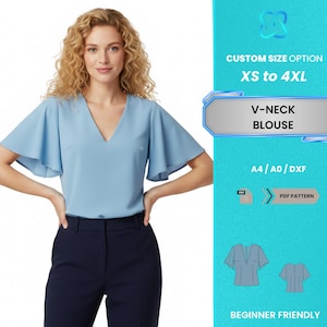 May include: A light blue V-neck blouse with short, flared sleeves. The image includes text that reads "CUSTOM SIZE OPTION XS to 4XL", "V-NECK BLOUSE", "A4/A0/DXF", "PDF PATTERN", and "BEGINNER FRIENDLY".