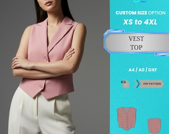 Patrón de costura en PDF para chaleco de mujer / Elegante blusa rosa sin mangas con cuello en V y botones, tallas XS-4XL / Patrón en PDF fácil de usar para principiantes