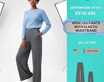 Patrón PDF para pantalones anchos con cinturilla elástica / Pantalones holgados de cintura alta para mujer, tallas XS-4XL / Patrón PDF fácil para principiantes