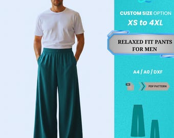 Patrón PDF de pantalones holgados para hombre / Pantalón holgado verde oscuro con cintura elástica para hombre, tallas XS-4XL / Patrón PDF fácil de usar para principiantes