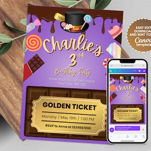 Golden Ticket inspiriert Charlie Fabrik Geburtstagseinladung | Bearbeitbar Einladen für Kinder | Lila 13x18 Vorlage | Sofortdownload | Schokolade