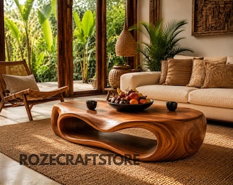 Bio-Holz Couchtisch, skulpturale Welle Live Edge Massivholz Mitteltisch, rustikale moderne Boho Wohnzimmermöbel, handgefertigtes Dekor
