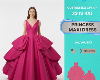 Patrón de costura en PDF para vestido largo de princesa / Vestido de fiesta de noche con escote en V y capas para mujer, tallas XS-4XL / Patrón en PDF fácil y práctico para principiantes