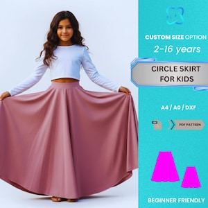 May include: A young person wearing a white long-sleeve crop top and a dusty rose circle skirt. The image includes text that reads "CIRCLE SKIRT FOR KIDS" and "2-16 years". The image also includes the text "PDF PATTERN" and "BEGINNER FRIENDLY".