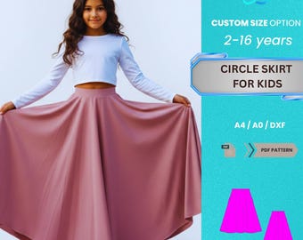 Patrón de costura en PDF para falda circular para niñas / Falda larga rosa con vuelo y cintura alta para fiestas de 2 a 16 años / Patrón en PDF para principiantes