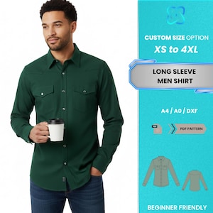以下が含まれることがあります： 2つの胸ポケットとボタン留めが付いた、濃い緑色の長袖シャツ。白いマグカップを持った人がいます。右側のテキストには「CUSTOM SIZE OPTION XS to 4XL」と「LONG SLEEVE MEN SHIRT」と書かれています。