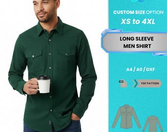 Patrón de costura en PDF para camisa de manga larga para hombre / Estilo occidental con botones (tallas XS-4XL) / Patrón de blusa informal para hombre fácil de usar y fácil de usar.