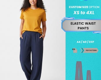 Patrón de costura en PDF para pantalones de cintura elástica para mujer / Pantalón ancho azul marino, corte holgado, tallas XS-4XL / Patrón en PDF fácil y práctico para principiantes
