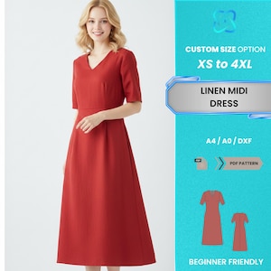 Può includere: Abito midi in lino rosso con scollo a V e maniche corte. L'abito è lungo fino al ginocchio e ha un corpetto aderente. Il testo sull'immagine recita "CUSTOM SIZE OPTION XS to 4XL", "LINEN MIDI DRESS", "A4/A0/DXF" e "BEGINNER FRIENDLY".