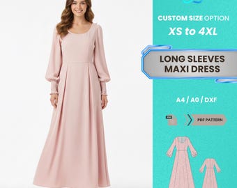 Patrón PDF de vestido maxi de manga larga / Vestido de noche elegante con mangas de obispo hasta el suelo para mujer, tallas XS-4XL / Patrón PDF fácil y apto para principiantes