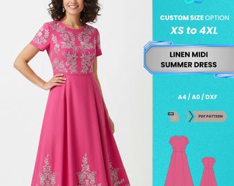 Patrón de costura en PDF para vestido midi de verano de lino para mujer / Vestido floral de manga corta, corte A, tallas XS-4XL / Patrón PDF fácil y práctico para principiantes