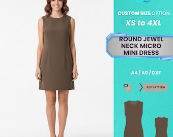 Patrón PDF para vestido mini con escote joya redondo / Vestido de cóctel recto sin mangas para mujer, tallas XS-4XL / Patrón PDF fácil y práctico para principiantes