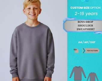 Patrón PDF de sudadera con hombros caídos para niños / Jersey deportivo gris extragrande de manga larga para niños de 2 a 16 años / Patrón PDF para principiantes