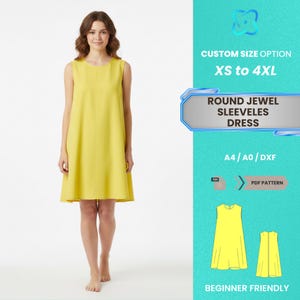 May include: A sleeveless, yellow dress with a round neckline. The dress is shown on a woman and is available in sizes XS to 4XL. The image also includes a graphic with the text "ROUND JEWEL SLEEVELES DRESS" and "PDF PATTERN".