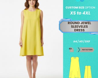 Patrón PDF para vestido sin mangas con joya redonda / Vestido informal de verano con corte en A para mujer, tallas XS-4XL / Patrón PDF fácil y práctico para principiantes