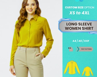 Patrón PDF de camisa de manga larga para mujer / Blusa clásica de oficina con cuello abotonado para mujer (tallas XS-4XL) / Patrón PDF fácil y práctico para principiantes