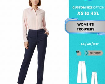 Patrón de costura en PDF para pantalones de mujer / Pantalón clásico azul marino de cintura alta y pierna recta, tallas XS-4XL / Patrón PDF fácil y práctico para principiantes