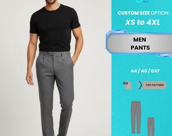 Patrón de costura en PDF para pantalones de hombre / Pantalón plisado gris clásico, corte entallado, para oficina, tallas XS-4XL / Patrón en PDF fácil y práctico para principiantes