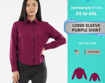 Patrón PDF de camisa morada de manga larga / Blusa clásica abotonada para mujer, tallas XS-4XL / Patrón PDF fácil y práctico para principiantes