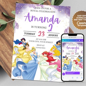 Princess Birthday Invitation | Belle Party | Jasmine Watercolor Ariel Editable Invitation | Cinderella Rapunzel Snow White